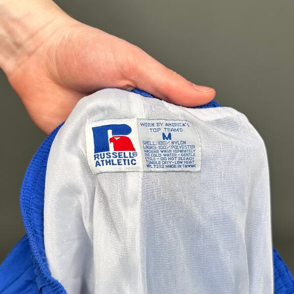 Vintage Russell Track Pants M Royal Blue Nylon Joggers has Ankle Zippers 90s - Picture 4 of 4